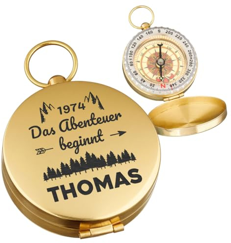 polar-effekt Gold Kompass Leuchtend mit Gravur - Outdoor Marschkompass mit Name - das Jubiläumsgeschenk - zum Wandern und Jagen
