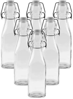 simpa Vintage Style Clear Glass Bottles with Swing Top Lids. Square 250ml Bottles - Set of 6