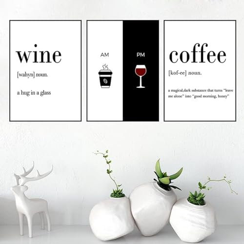 AWKFHF Leinwandgemälde Bild Wein Kaffee Zitat Schwarz Weiß Bilder Leinwand Malerei Poster Kunstdruck Restaurant Küche Wand Deko (3X50X70CM,ohne Rahmen)