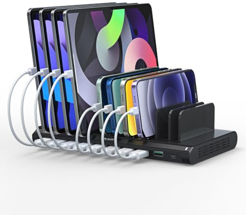 Alxum 120W USB C Tablet Charging Station-2*QC 3.0 Fast Charge, 7*USB A& 1*Type C Ports, Organizer for Moblie Phone, Kindle, iPad, Tablet and more Black