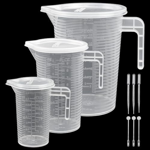 CAREDGO Vaso Medidor de Laboratorio, 3 Jarras Medidoras de Líquidos de 100 ml 250 ml 500 ml y 3 Palos Agitadores 3 Cuentagotas de 3 ml Vaso Medidor de Plástico con Tapa para Cocina Repostería
