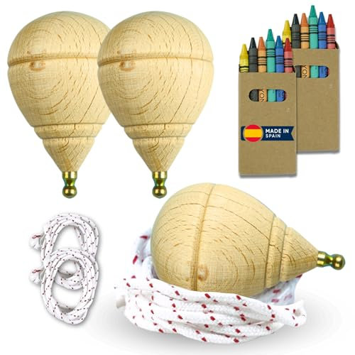AF® - 3 Trottola legno, set 3 Trottola Bambini + 12 Cere Colorate per Bambini| Personalizza il tuo trottole, Pack 3 Trottola con corda, gioco trottole