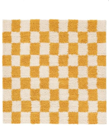 RugVista Chessie Teppich, 200 x 200 cm, Gelb/Off Weiß | Moderne, Quadratisch, Niedriger Stapel, Nur chemische Reinigung, Oeko-Tex 100, Wohnzimmer, Schlafzimmer