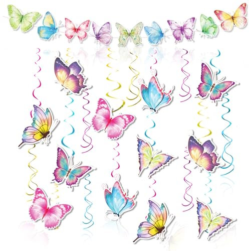 Butterfly Decorations, 21PCS Colorful Butterfly Hanging Ornaments Swirls Streamers Butterfly Party Paper Decoration for Garden Home Classroom Birthday Baby Shower Decor