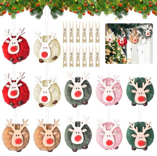 12 ciondoli per albero di Natale, renne, decorazioni per albero di Natale, in feltro, decorazioni natalizie, decorazioni natalizie con mollette in legno per decorazioni natalizie fai da te, feste di