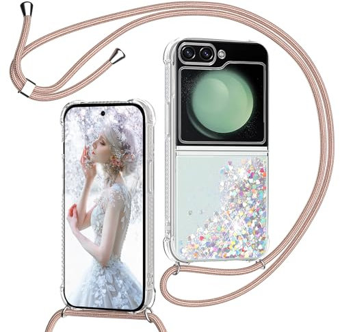 TUUTPU Coque pour Samsung Galaxy Z Flip 6 avec Cordon, Paillette Liquide Étui pour Téléphone avec Lanière, Transparent Silicone Collier Réglable Protection Housse Portable Lanyard Case, Or Rose