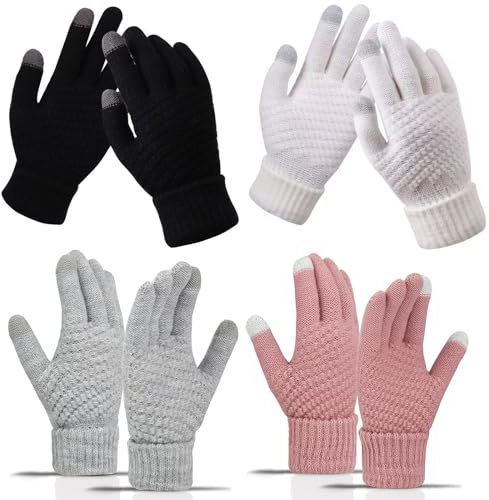 VEGCOO 4 Paar Winter Touchscreen Handschuhe, Damen Winter Strickhandschuhe, Winterhandschuhe Damen Warme Handschuhe, Fleece Gefütterte für Skifahren Radfahren Outdoor-Fahren und SMS
