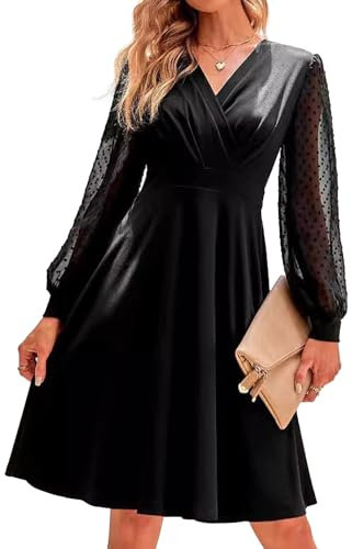 IFFEI Women Dresses Long Sleeve V Neck Swiss Dot Solid Ladies Cocktail Evening Party Midi Dress XL Green