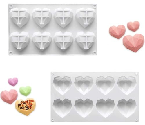 Diamond Heart 3D Silicone Mould 2PCS, 8 Cavities Non-Stick Easy Release Heart Shaped Silicone Mould Tray for Valentine's Day, Chocolate, Ice Cube, Mousse Cake Dessert, Candy