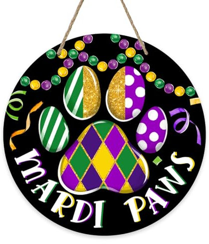 Deroro Mardi Gras Dog Cat Paw Prints Front Door Sign, New Orleans Carnival Wood Door Hanger Outdoor Outside Porch Decor, Beads Wooden Wreath Indoor Wall Hanging Decoration Pet Lover Gift