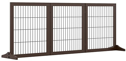 PawHut Barrera para Perros de 3 Paneles 185x71 cm Barrera de Seguridad para Perros con Estructura de Madera y Patas de Apoyo para Pasillo Escalera Marrón