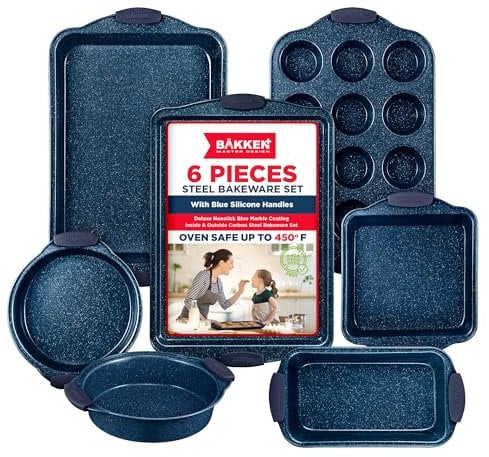 BAKKEN Kitchen Baking Pan Set - Nonstick Coating, Carbon Steel Bakeware Sets with Blue Silicone Handles, Baking Kitchen Essentials, PFOA, PFOS, PTFE Free, Oven Safe Tray (Up to 450° F), Set of 6