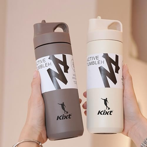 KIXT Double-Walled Vacuum Insulated Stainless Steel Bottle 550ml with Straw Lid Handel | Sports Travel Gym Water Bottles Coffee Cup Travel Mug Football Waterbottle Winter Water Bottle (Grey)
