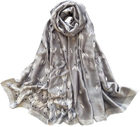 MEDUOLA Damen Schal 180x90 cm Kunstseide Scarf mit buntem Kutschen Blumen und Blätterdesign vielfach einsetzbar für jede Jahreszeit Blumen grau