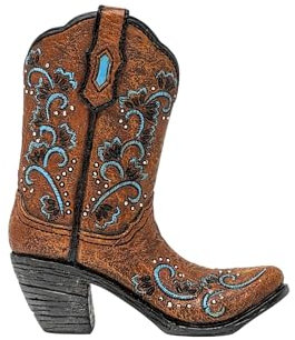 Cowboy Kleine Boot Vase Harz Dekorative Kunstleder Boot Figur - Blau Scroll Stickerei Stitching Muster - Rustikale Tischdekoration für Zuhause, Büro oder Westernveranstaltungen