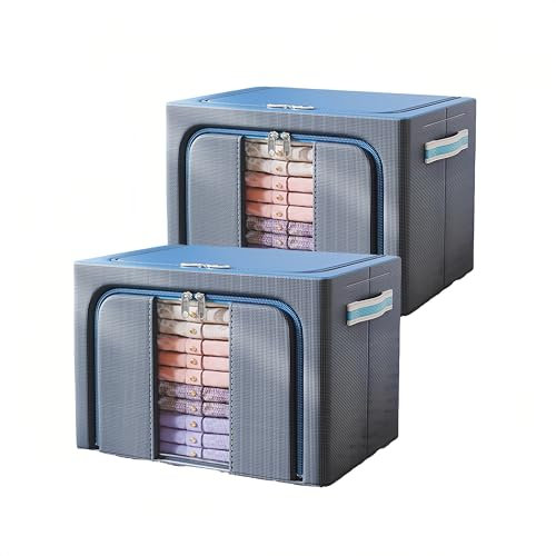 closet organizers and storage,Foldable Oxford cloth steel frame box,transparent window and handle, waterproof, can accommodate large capacity clothes, bedding, blankets, 66L 2-piece set(blue)