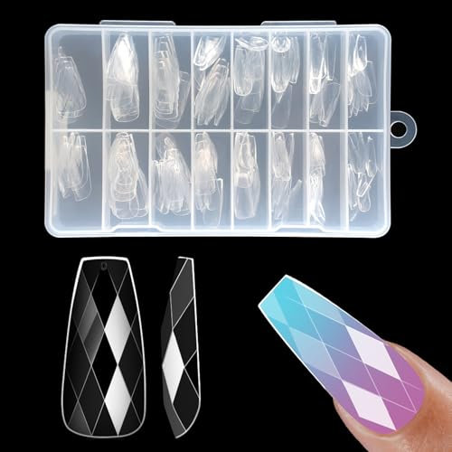 ZAHRVIA Coffin Nail Tips-120 Pcs Medium Length Coffin Clear Nail Tips, 3D Diamond Shape Designs Soft Gel Tip Full Cover Acrylic Nail Tips, Nail Extension 15 Sizes