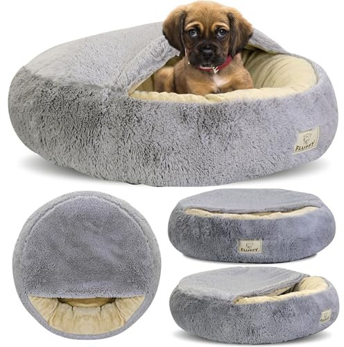 KING DOG Hundebett Ø 80 cm überdachtes Hundebett Katzenhöhle Donut-Bett Plüsch-Kunstfell-Nest Flauschiges rundes Hundekissen Hundesofa Katzenbett für kleine mittelgroße Hunde