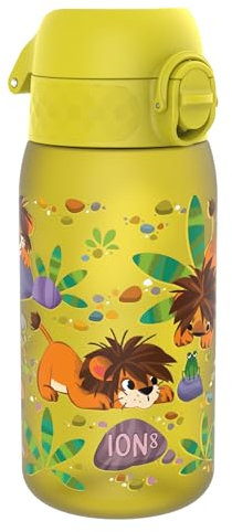 ION8 Botella de Agua para Niños, 350ml, a Prueba de Fugas, Fácil de Abrir, Cerradura Segura, Apta para Lavavajillas, Sin BPA, Asa de Transporte, Fácil de Limpiar, Neutro en Carbono, Cachorros de León