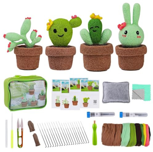 Kit de fieltrado con aguja, lindo juego de fieltro de lana de cactus - Suministros de fieltro de fieltro de lana de cactus | Modelado de cactus artesanal de fieltro hecho a mano para decoración d