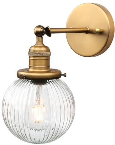 Vintage Wandleuchte runde gestreiftem Klarglas Wandlampe für Küche Bad Flur | Vintage Wandleuchte E27 Modern innen Lampe mit Handgeblasense klarglasschirm und Gold Messing Stabile Metall Halterung