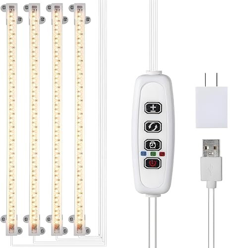 SunStream LED Grow Light Strips, 4-Pack with Timer Remote and USB Power, Dimmable & Multi - Functional for Plant Growing