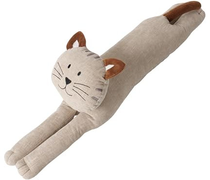 Kitty Cat Zugluft-Türstopper, weiches beigegraues Flachs, Leinen und Baumwolle, gelockte braune Ohren und Schwanz, 75 cm lang, 2,2 kg