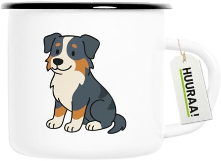 Huuraa Emaille Tasse Australian Shepherd Aussie Comic Geschenk | 300ml Becher Weiß mit Schwarzem Rand Vintage Campingbecher Geschenkidee Kaffeetasse als Wohnwagen Zubehör Campingtasse