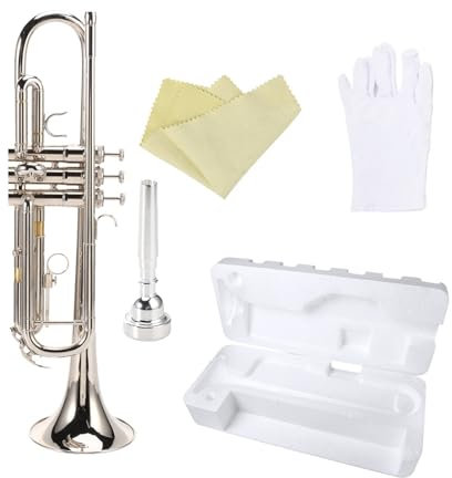 B Trompete für Anfänger und Profis, 3-Ventil-Design aus Messing, mit Schaumstoffgehäuse, Anlaufschutz und satter Ton, kompatibel mit Yamaha/Bach (Silber)