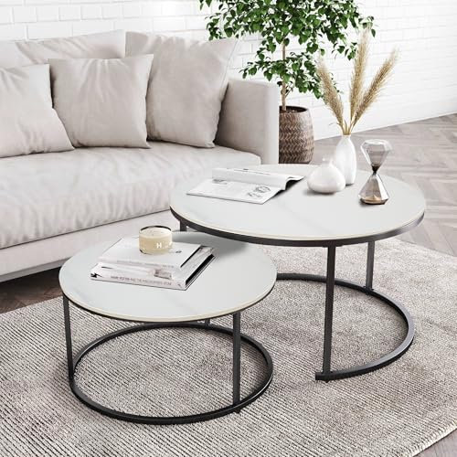 G-LEAF Set mit 2 Runden Beistelltischen/Satztische-Weißes Marmor Tischplatte & Schwarz Metallrahmen | Modernes Nesting Couchtische für Wohnzimmer, Schlafzimmer, Dekoration (Ø 70cm/Ø 50cm)