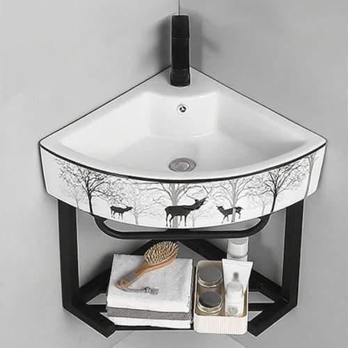 Hltdzer Lavandino Angolare in Ceramica da Parete Mobiletto Angolare per Bagno Lavandini da Bagno con Contenitore Mobiletto Moderno per Bagno di Piccole Dimensioni C Rubinetto E Scarico(A)