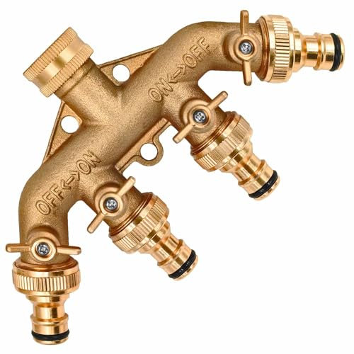 MegaHaustechnik 4 Wege Wasserhahn Wasser Verteiler Kugel Ventil aus Messing mit Hahn Anschluss 3/4 Rohr Zoll Innengewinde IG mit Dichtung und 4x Messing Stecker passend für Gardena