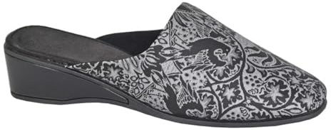 Sleepers Womens Priya Wedge Heel Slip On Mule Slippers With Brocade Textile Upper Black/Silver