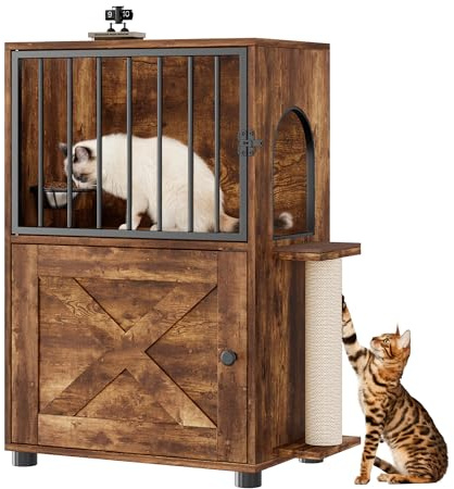 Dog Proof Cat Feeding Station, Dog Proof Cat Feeder, Cat Food Table,Vintage | Cat Feeding Station with Scratching Post, Elevated Food Bowls with Stand, Cat Tree with Food Storage, Cat House