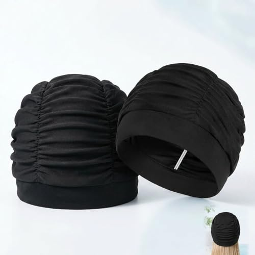 Gorro de Natación Mujer [Pack de 2] - Gorro de Baño de Tela Negro Elástico para Pelo Largo Transpirable para Piscina Playa y Aquagym Talla Universal Negro