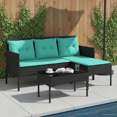 SooIarix Gartensofa-Set mit Kissen 2 pcs Poly-Rattan L-förmig wetterbeständig Lounge Möbel Outdoor Balkon Gartenlounge mit pulverbeschichtetem Stahlrahmen und Glastisch für komfortable Entspannung