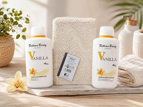 Bettina Barty Vanilla Geschenkset – Bath & Shower Gel 500 ml, Hand & Body Lotion 500 ml & Baumwoll-Waschhandschuh