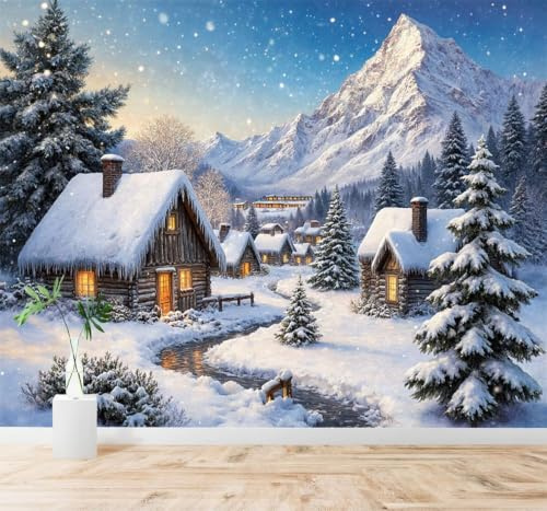 Tzxztt Snowy Mountain Village Log Cabin Pine Trees Mountain Peaks Winter Scenery Modern 3D Wallpaper Premium Textured Silk Neutral Tones Material Ideal for Living Room Bedroom-150cm×105cm