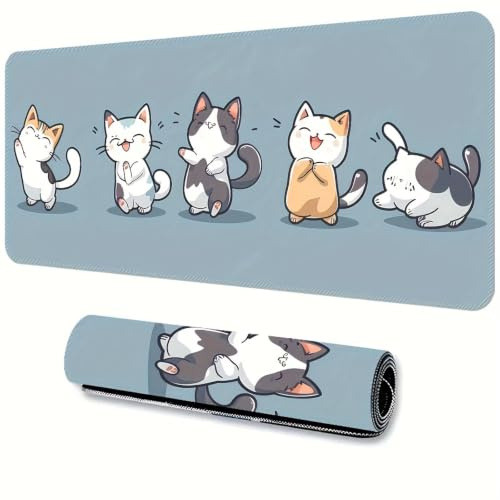 KIZIFI Extended Large Gaming Mouse Pad, Non-Slip Rubber Base Stitched Edge Big Desk Mat, Cute Cats Desk Keyboard Mouse Mat for PC Laptop Home Office 31.5x15.7x0.12 inch