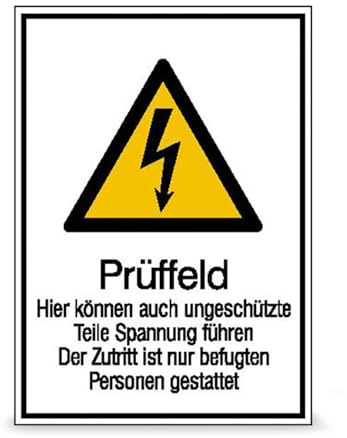 Betriebsausstattung24 Warn-Kombischild „Prüffeld - hier können auch ungeschützte Teile ...“ - Hart-PVC, 21,0 x 29,7 cm - Sicherheitsschild/Warnschild