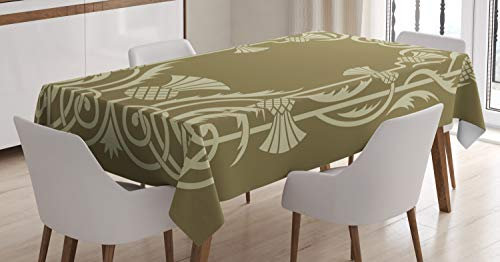 ABAKUHAUS Jugendstil Tischdecke, Ananas-Border, Für den Inn und Outdoor Bereich geeignet Waschbar Druck Klar Kein Verblassen, 140 x 200 cm, Sepia Weises Grün