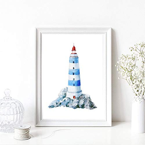 Din A4 Kunstdruck ungerahmt Leuchtturm Lighthouse Maritim Meer Badezimmer Küste Aquarell blau Druck Poster