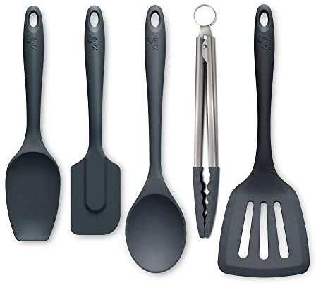 Zeal JSET45T Non-Stick Silicone Tongs, Turner, Spatula Cook Spoon 5-Piece Set-Dark Grey