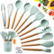 SaiXuan Utensilios Cocina de Silicona, Antiadherente con Mango de Madera,No Tóxicas Resistentes Al Calor, 12 Piezas+12 S Ganchos