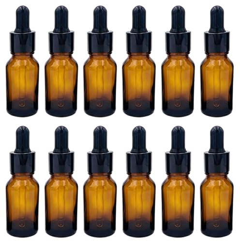 VASANA 12PCS 15 ml (1/2 oz) Amber Glass Essential Oil Bottles Jars Refillable Makeup Cosmetic Sample Bottle Container Holder with Glass Eye Droppers for Essential Oil Perfume Aromatherapy Use