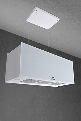 GURARI Inselhaube GCH I 333 90 WH Prime, Dunstabzugshaube 90cm, Deckenhaube, 1000m³/h, Weißglas, 4 Stufen,Display, LED Beleuchtung