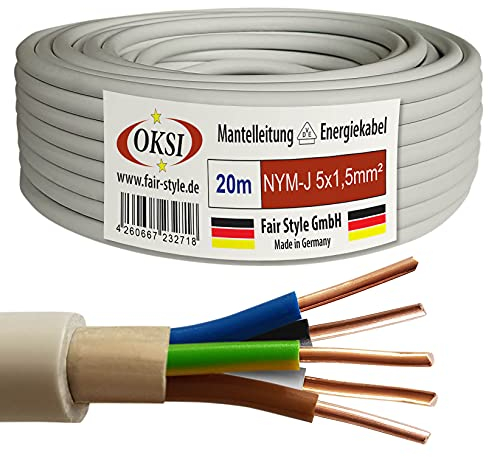 OKSI 20m NYM-J 5x1,5 mm² Mantelleitung Feuchtraumkabel Elektrokabel Kupfer Made in Germany