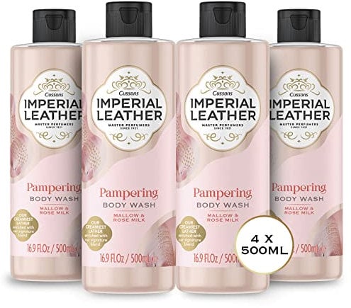 Imperial Leather Pampering Shower Gel, Mallow & Rose Milk, Signature Oil Blend, Creamy Lather, Gentle Skin Care, Bulk Buy, Pack of 4 x 500ml