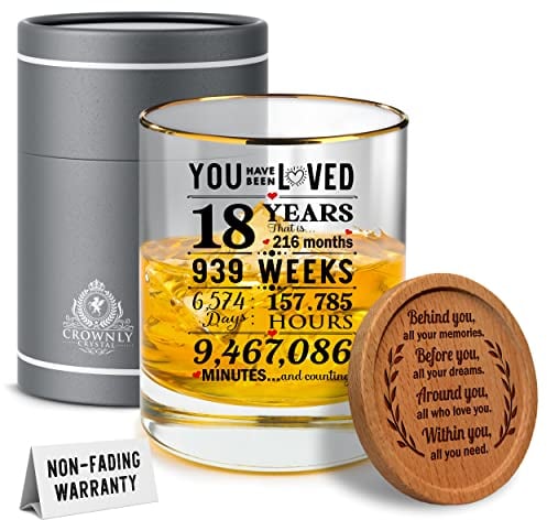 CROWNLY CRYSTAL® Personalised Whiskey Glass - 18th Birthday Decorations & Gifts for Boys & Girls