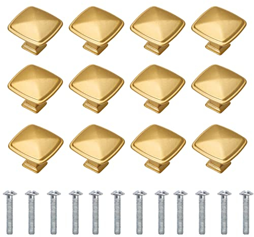 12 Pieces Gold knobs for Cabinet Drawers, Brass Door Handles Furniture knobs Door Pulls for Wardrobes Kitchen Cupboard Bathroom with Screw Bolts, Square Shape, Zinc Alloy